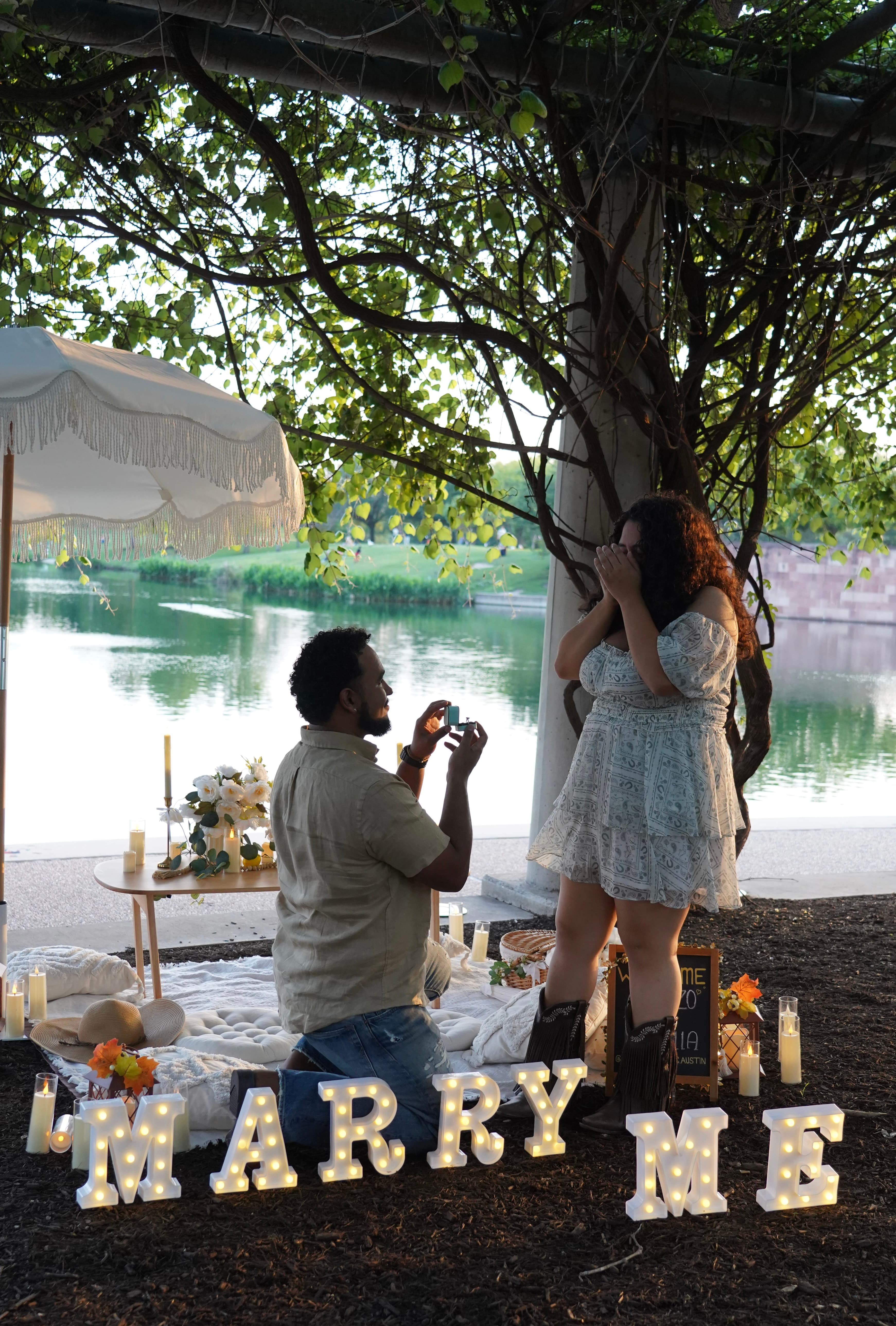 Marriage proposal luxury picnic setup in Austin Texas